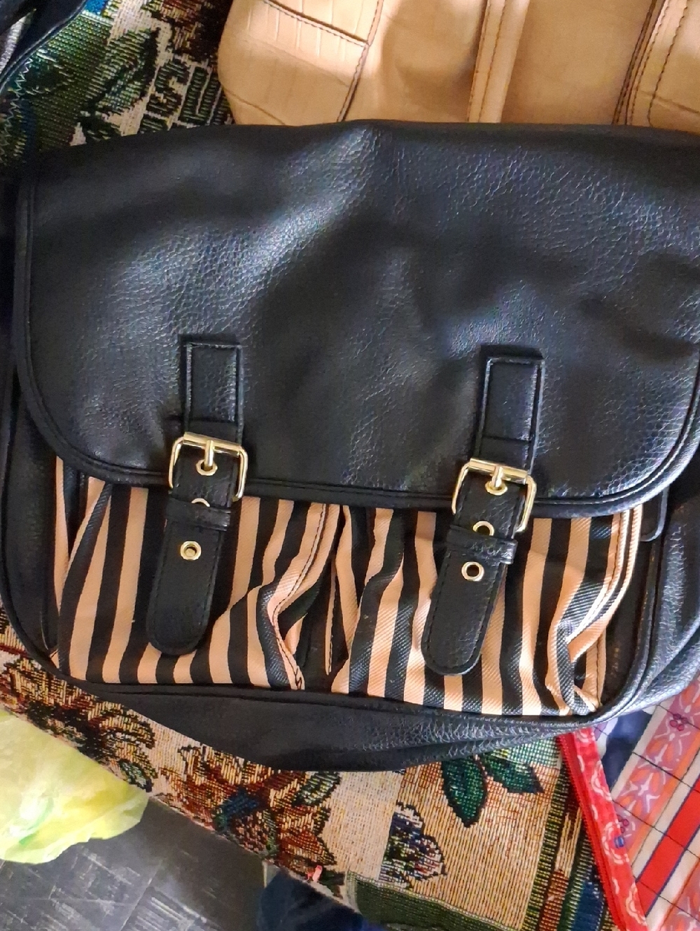 Madden Girl Black Faux Leather Handbag with Tan Striped Accent
